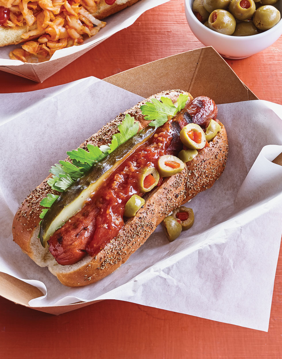 Bloody Mary Dogs with Seasoned Buns & Horseradish Ketchup Recipe