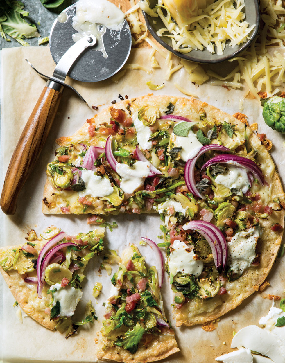 Brussels Sprouts and Pancetta Pizza on Cauliflower Crust Recipe