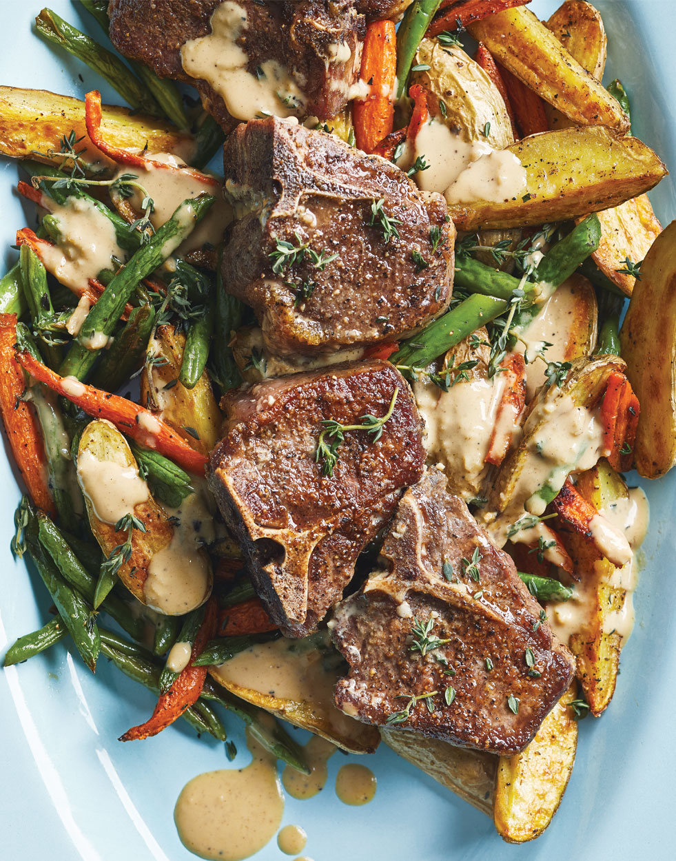 Lamb Chops with Mustard-Thyme Sauce and Roasted Fingerling Potatoes with Carrots & Green Beans Recip