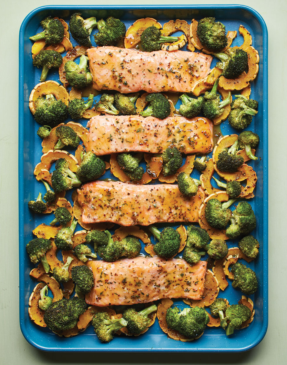 Maple-Mustard Sheet Pan Salmon with Delicata & Broccoli Recipe