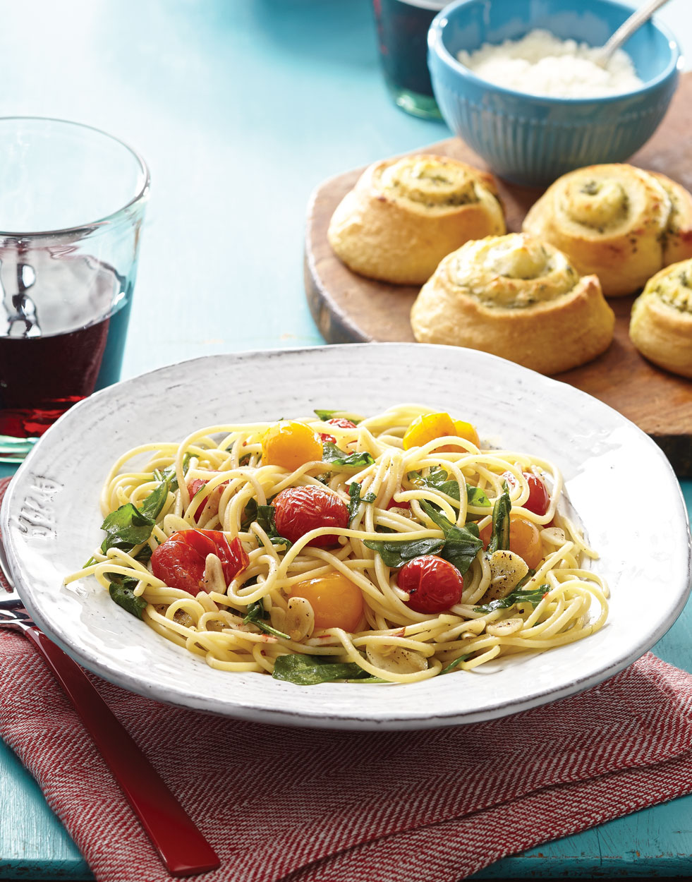 Roasted Grape Tomato & Garlic Spaghetti with Fresh Arugula Recipe