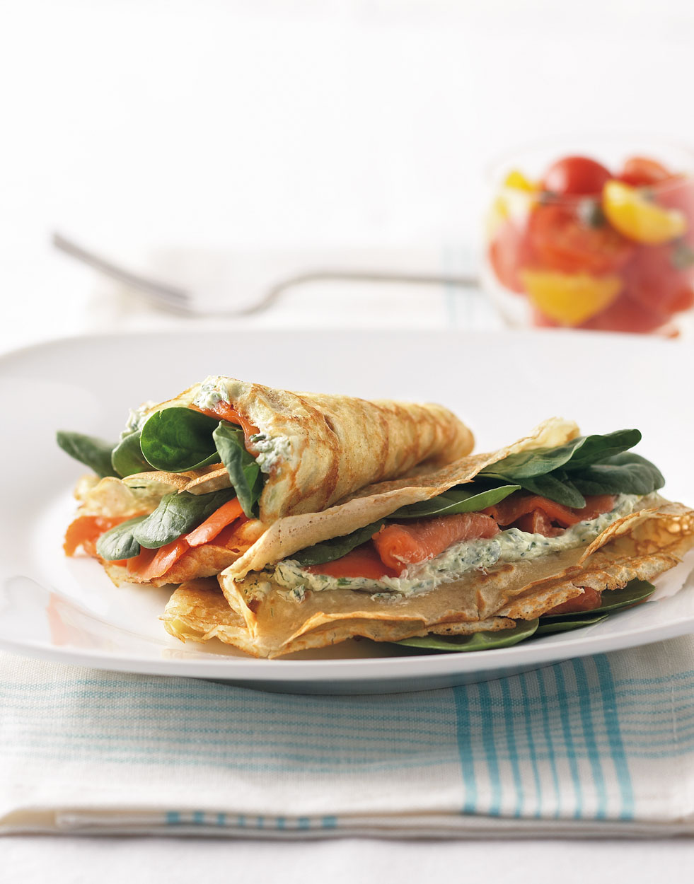 Smoked Salmon Crêpes with herbed cheese & fresh spinach Recipe
